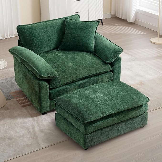 Chenilli Oversized Accent Chair with Ottoman Single Sofa Chair with Large Seat and Extra Wide Armrests Modern Comfy Armchair Reading Chairs for Bedroom Living Room Green