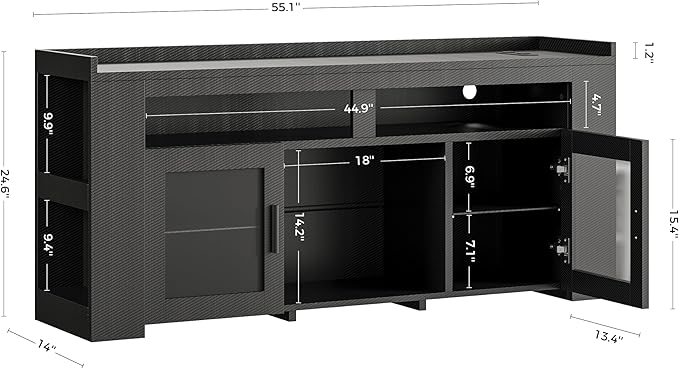 IRONCK TV Stand for TVs Up to 60 with Charging Station LED Entertainment Center Modern Carbon Fiber Media Console with Adjustable Glass Shelves &amp 2 Doors Organize Your Gaming &amp Living Room