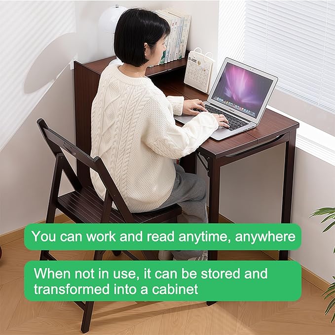Bamboo Fold Out Desk with Storage Mid Century Hideaway Desk for Small Spaces Folding Computer Desk for Home Office Bedroom Apartment Space Saving