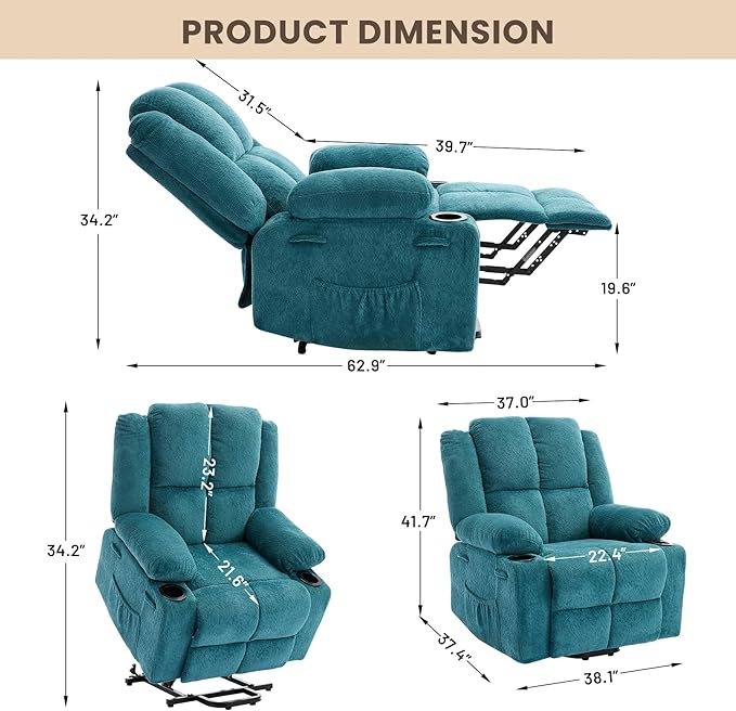 Oversized Power Lift Recliner Chair for Elderly 135° Lay Flat Electric Recliner with Massage &amp Heat Stand Assist Lift Chair with 2 Cup Holders for Living RoomBlue