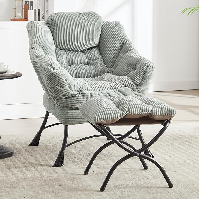 NIOIIKIT Leisure Lazy Chair with Ottoman Corduroy Upholstered Lounge Armchair with Side Pocket Comfy Reading Chair Lazy Sofa Chair for Living Room Bedroom Office (Light Green)