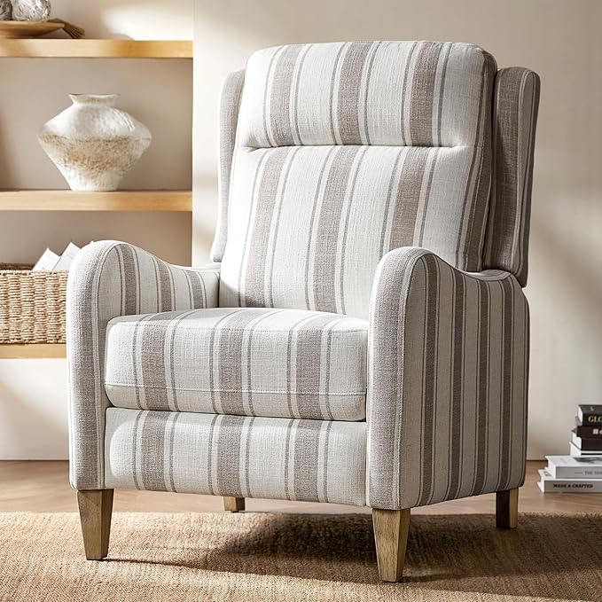 HULALA HOME Pushback Recliner Chair with Solid Wood Legs Fabric Striped Comfy Upholstered Seating with Footrest Armchair for Living Room/Reading TAN