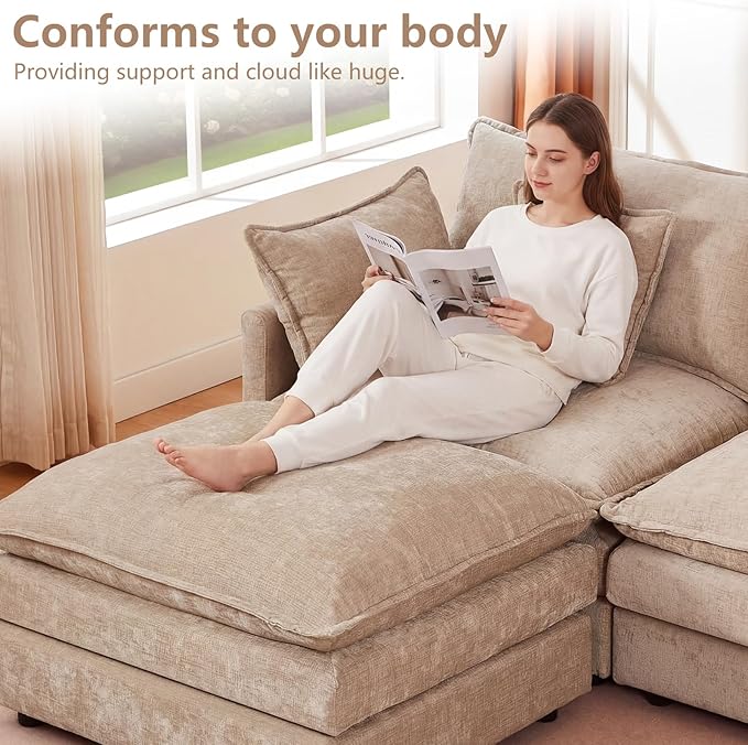 GNIXUU 102 Modular Sectional Sofa L Shaped Cloud Couch with Movable Ottoman &amp 4 Pillows Deep Seat Chenille 4 Seater Sectional Couches for Living Room Apartment (Camel)