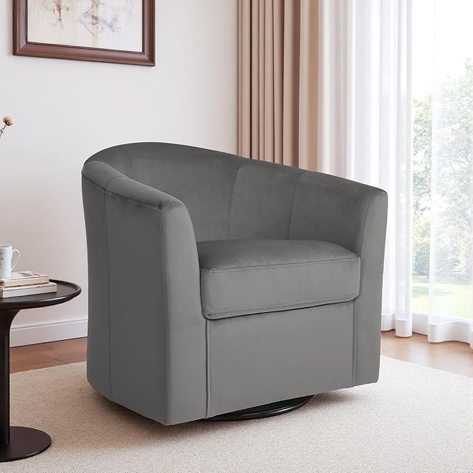 Swivel Accent Chair Upholstered Velvet Barrel Armchair Modern Round Single Sofa Seating Comfy Reading Corner Chairs for Living Room Bedroom Fully Assembled (Velvet Grey Set of 1)