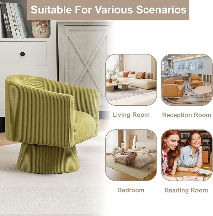 Swivel Accent Chair Modern 360° Barrel Chair Corduroy Upholstered Single Sofa for Living Room Bedroom(Green)