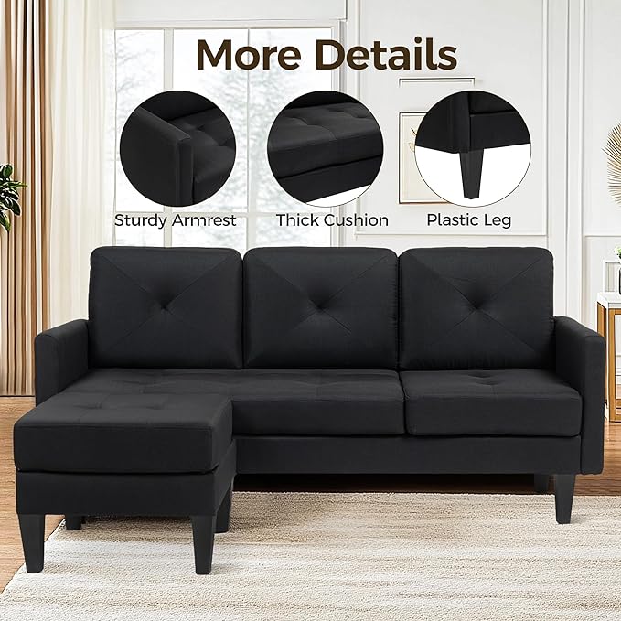 Small L Shape Couch 3 Seat Convertible Couch for Apartments with Ottoman Sectional Sofa for Small Spaces Black Modular Sleeper Sofa for Living Room Office