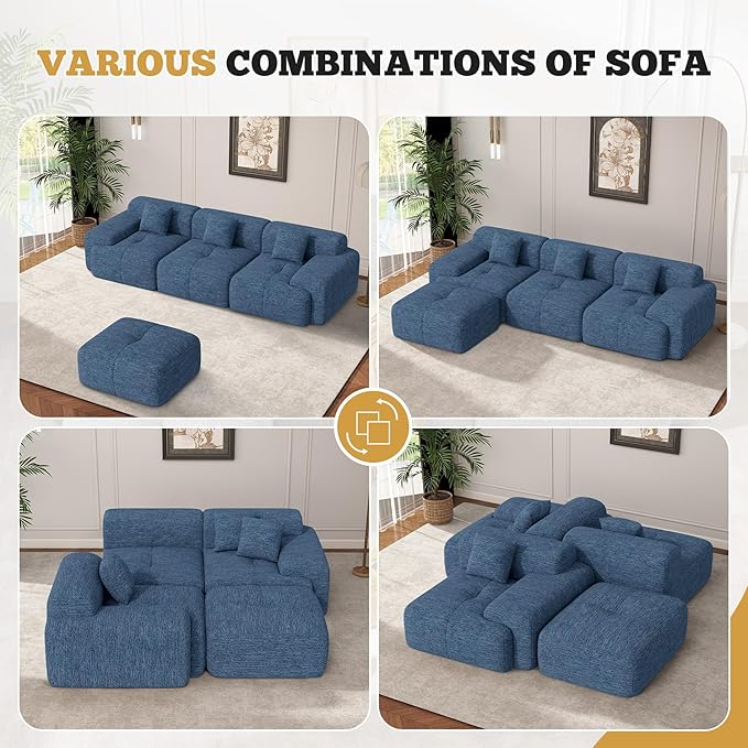 122 Modern L Shaped Modular Sectional Sofa Boneless Couches for Living Room with Ottoman4 Seater Convertible Chenille Cloud Couch Sofa Set No Assembly Required Blue 1 PCS