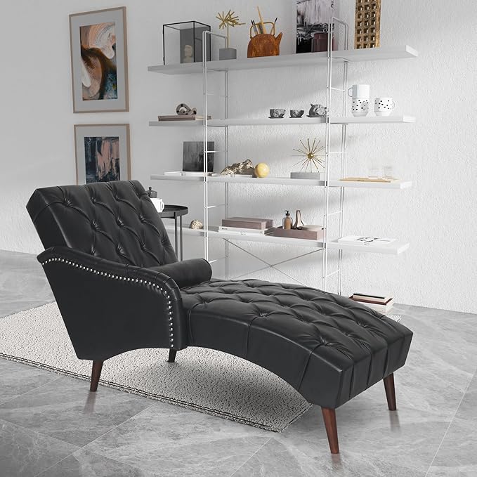 Luxury Indoor Recliner Chair with Pillow &amp Wooden Legs - Tufted Back &amp Arms PU Leather Lounge Chair for Living Room/Bedroom (Black)