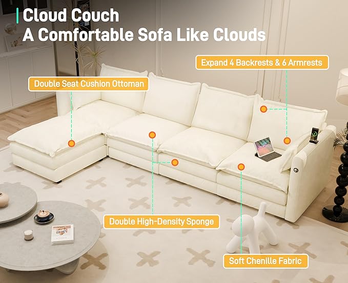 DYHOME l Shaped Sectional Couch with Padded Armrests Modern Modular Sectional Sofa 4 Seat with USB/Type-C Charging Port 27 Inch Deep Seat Chenille Cloud Couch with 6 Pillow for Living Room Bedroom