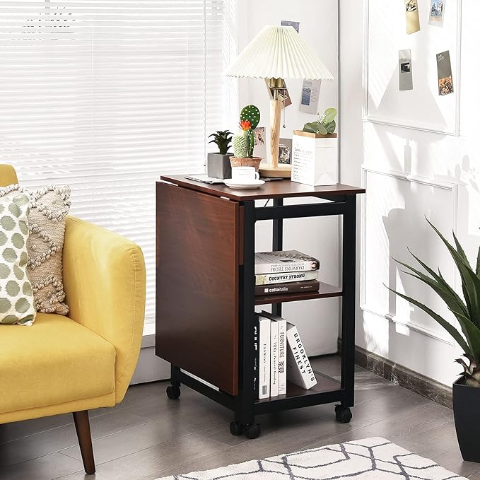 DORTALA Folding Computer Desk Modern Writing Table w/ 2-Tier Storage Shelves PC Laptop Study Table Workstation w/ 6 Wheels Space Saving Compact Desk Side Table for Home Office Apartment Brown
