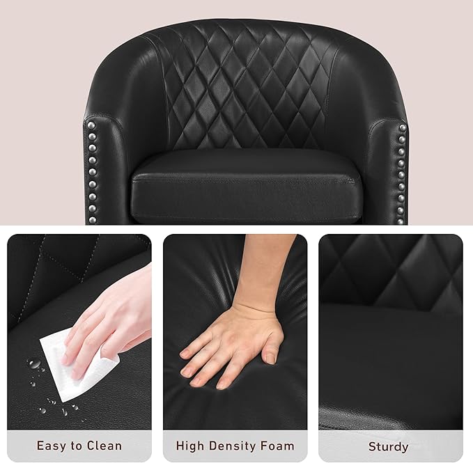 Prilinex Comfy Barrel Accent Chair - Faux Leather Living Room Chair Club Chair with Cushion Diamond Grid Backrest &amp Nailhead Trim Guest Chair for Office Bedroom &amp Waiting Room Black