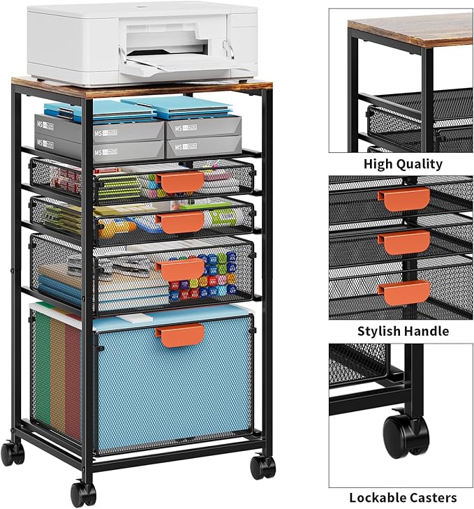 Marbrasse Rolling File Cart with 4 Storage Drawers Mobile File Cabinet on Lockable Wheels Hanging Filing Cabinet Organize Under Desk Utility Cart for Home Office - Dark Brown