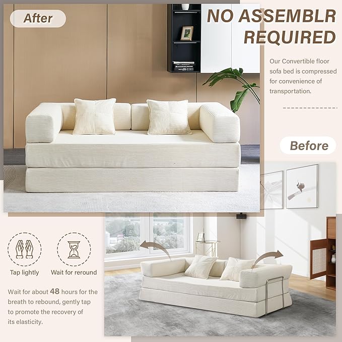 Compression Sofa - 78''Convertible Floor Sofa Bed - with Pillow Back Support Armrest - Comfy Foldable Sofa Bed Compressed Sofa in Box - Corduroy Fabric - for Living Room Bedroom(Off White)