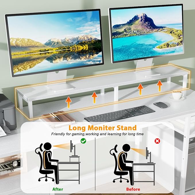 Furologee 61 Computer Desk with Fabric File Cabinet &amp Drawer Reversible White Table with Storage Shelf Office Desk with Long Monitor Stand Writting Table Workstation for Home/Office/White