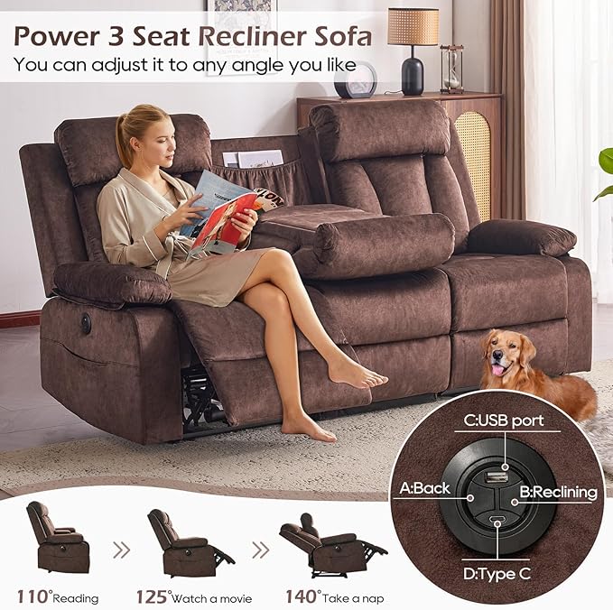 Power Reclining Sofa with Heat&ampMassage Reclining Couch with Multi-Function Console/USB Ports/Type C Wall Hugger 3 Seater-Sofa Recliner Reclining Sofa Couch for Living Room