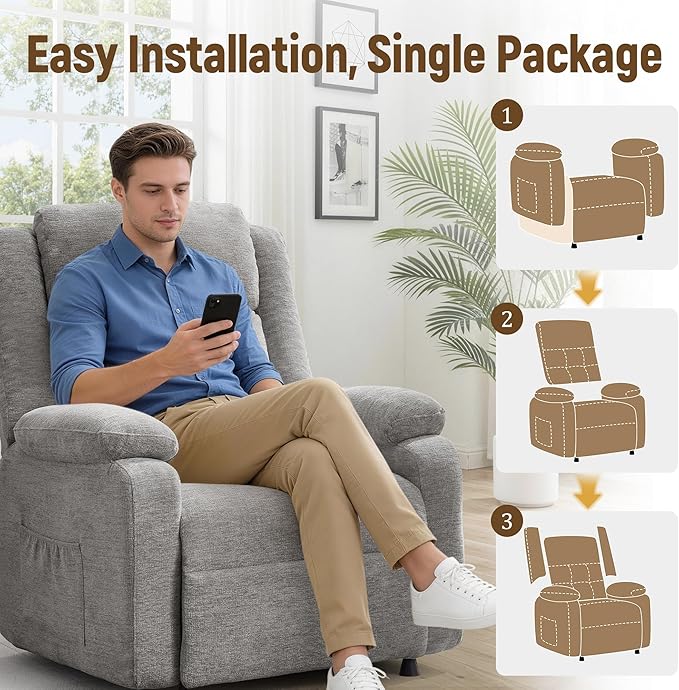 Power Recliner Chair Living Room Chairs for Adults Oversized Electric Recliner with Side Pockets Chenille Fabric Reclining Chair for Living Room Bedroom