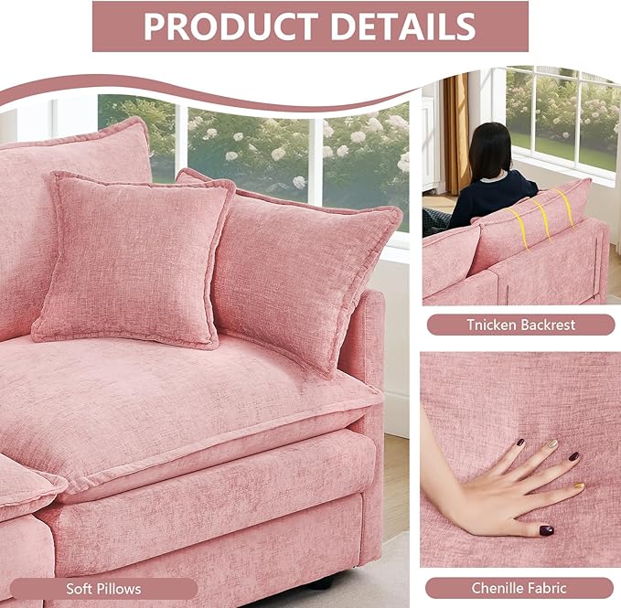 GNIXUU 102 Modular Sectional Sofa L Shaped Cloud Couch with Movable Ottoman &amp 4 Pillows Deep Seat Chenille 4 Seater Sectional Couches for Living Room Apartment (Pink)