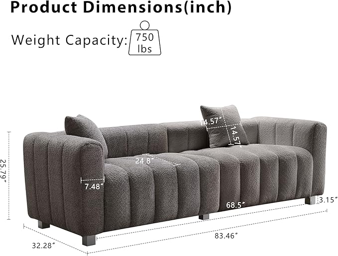 83.46 Oversized Boucle Sofa CouchModern Teddy Deep Seat SofaUpholstered Tufted Couchwith 2 Accent Pillow3 Seater Coucher for Living Room ApartmentOffices. (Grey)