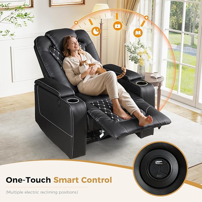 ANJ Power Recliner Chair Set of 3 Electric Soft Faux Leather Reclining Home Faux Theater Seating - USB Ports Cup Holders Hidden Arm Storage Movie &amp Media Room Chairs (Black)