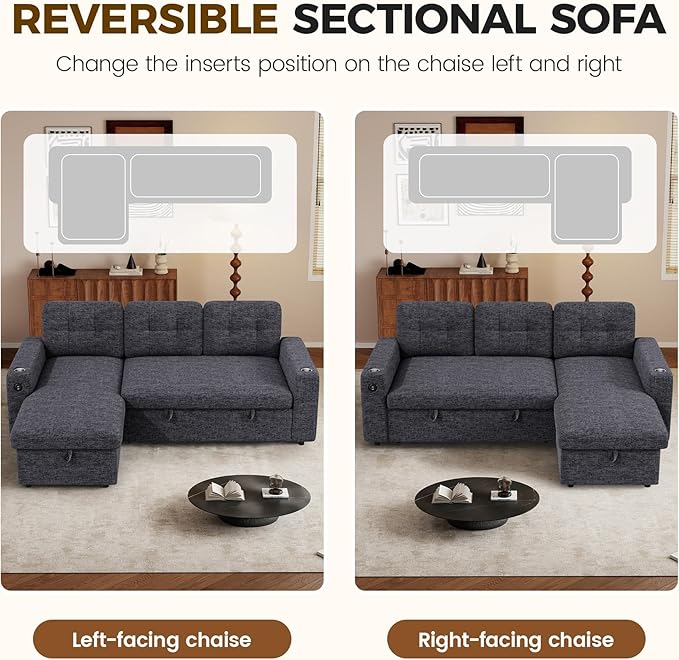 83'' Pull Out Sofa Bed 2 in 1 Convertible Sleeper Sofa Couch with Storage Chaise &amp USB Charging Comfy Linen Modular Couches for Living Room ApartmentDark Grey 1 PCS