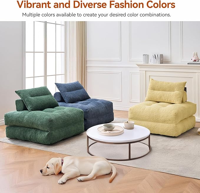 Folding Sofa Bed Fold Out Chair Bed with Pillow Convertible Sleeper Chair for Living Room/Small Spaces Foldable Lazy Sofa Bed Floor Chair Comfy Teddy Velvet Couch Bed Yellow