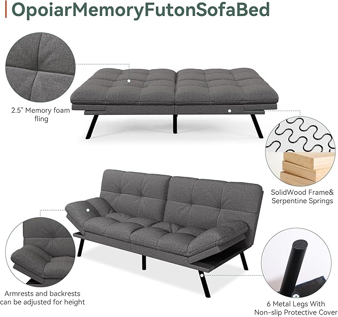 Opoiar Convertible Futon Sofa Bed71 Memory Foam Futon CouchDetachable CushionAdjustable Backrest &amp ArmrestLinen Modern Loveseat Sleeper Recliner for Living RoomOfficeApartmentRetro Grey