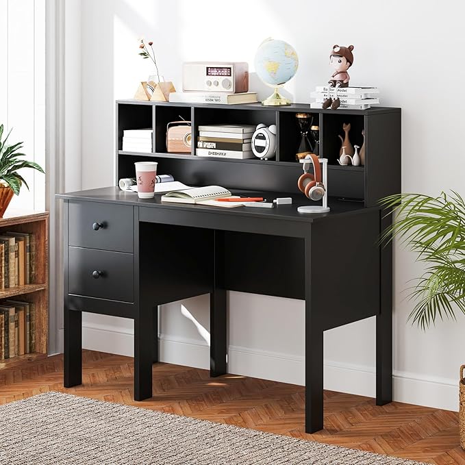 LDAILY Modern Home Office Desk with Hutch Office Desk with USB Charging Ports and Power Outlets Computer Desk with 5 Storage Cubbies and 2 Drawers Writing Study Desk for Bedroom (Black)
