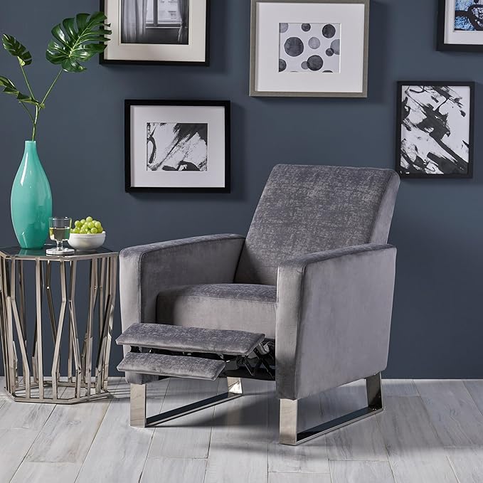 Mid-Century Fabric Rocker Recliner Chair Adjustable Single Recliner Sofa with Thicker Seat Cushion with Pocket for Living Room Bedroom Apartment (Grey)