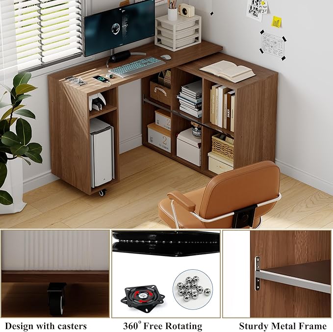 BLANKSPACE L-Shaped Computer Desk with 360° Swivel Desktop &amp 6 Open Shelves Corner Desk - Rotating Home Office Desk Yili Walnut