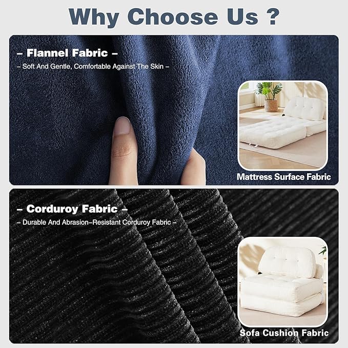 Folding Sofa Bed Flannel Futon Couch Bed with Pillow and Blanket Convertible Sleeper Chair for Living Room Bedroom White
