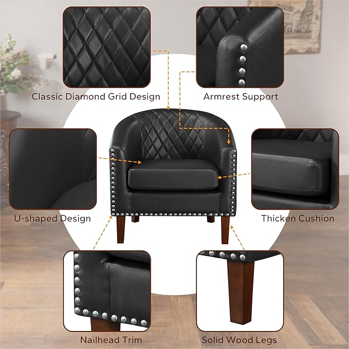 Prilinex Comfy Barrel Accent Chair - Faux Leather Living Room Chair Club Chair with Cushion Diamond Grid Backrest &amp Nailhead Trim Guest Chair for Office Bedroom &amp Waiting Room Black