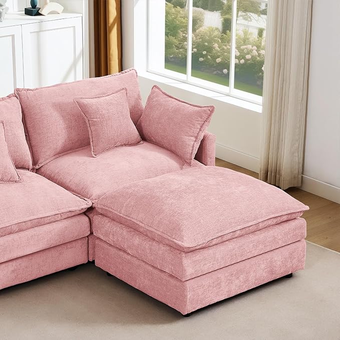 130 Pink Modular Sectional Sofa with Movable Ottoman Convertible L Shaped Chenille Cloud Couch Oversize Comfy 4-Seater Deep Seat Sofa Couches for Living Room Apartment (Pink 130)