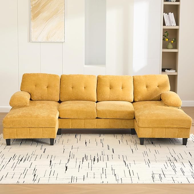 P PURLOVE Chenille Modern Large Sectional Sofa U-Shaped Sectional Sofa Couch with Dual Chaise Lounges Storage Pockets and Armrest Pillows for Living Room (Yellow)