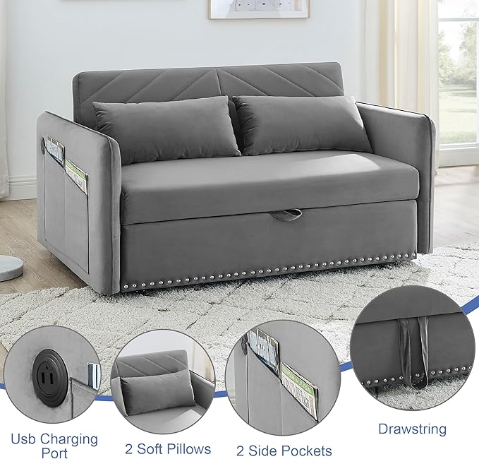 Pull Out Couch with USB Port Loveseat Sleeper Sofa Bed Nailhead Trim Design with 2 Pillows &amp Side Storage Pockets 3 in 1 Velvet Sofa Adjustable Backrest Resilient Sponge Cushions Grey