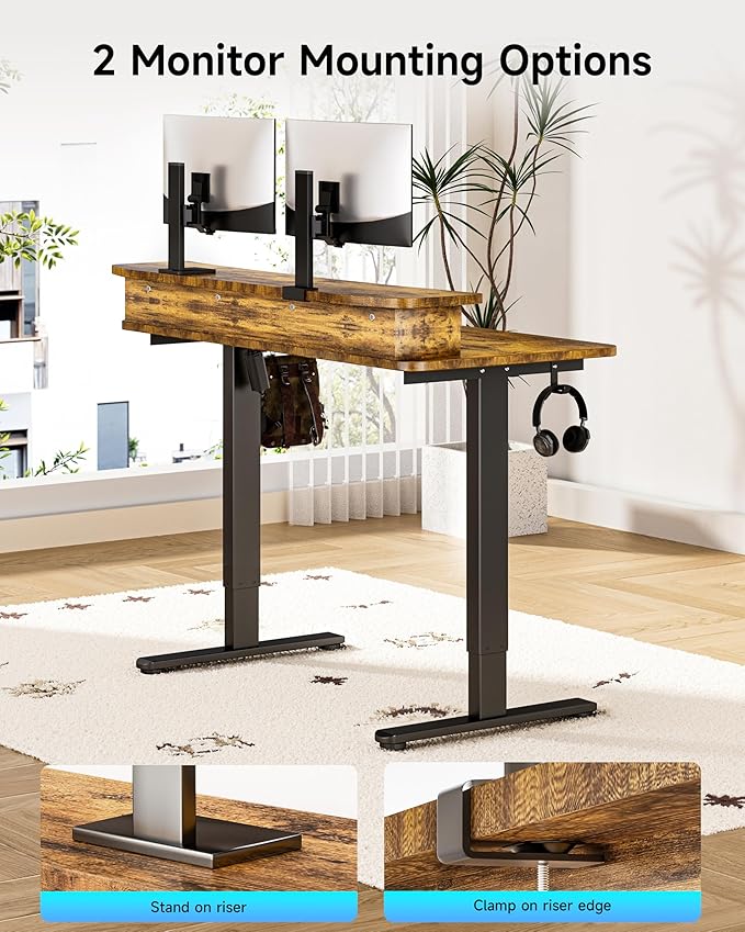 BIZUM Standing Desk with 2 Drawers Computer Desk-Stand up Desk Home Office Gaming Memory Desks C-Clamp Mount Compatible 48x24 Inch Rustic Brown