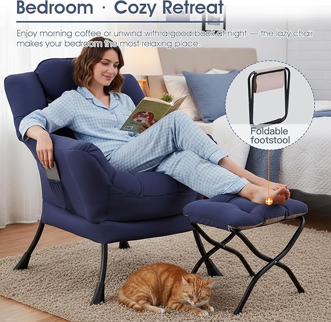 Lazy Chair with Ottoman Large Accent Chair with Ottoman and a Throw Pillow Navy Reading Chair for Living Room Bedroom Dorm Room Office Apartment Relaxing Use