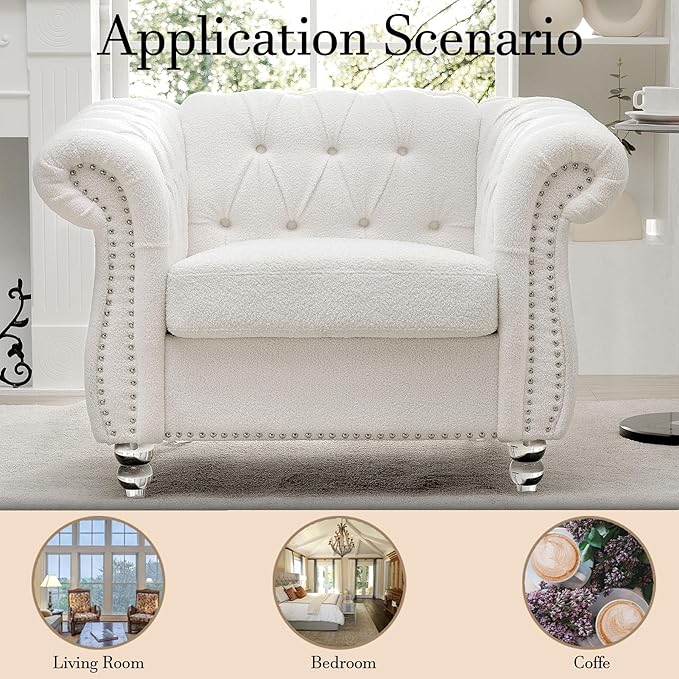 Oversized Chesterfield Chair Upholstered Accent Chair with Tufted Back Club Chair for Living Room Bedroom Gothic Victorian (White-p)