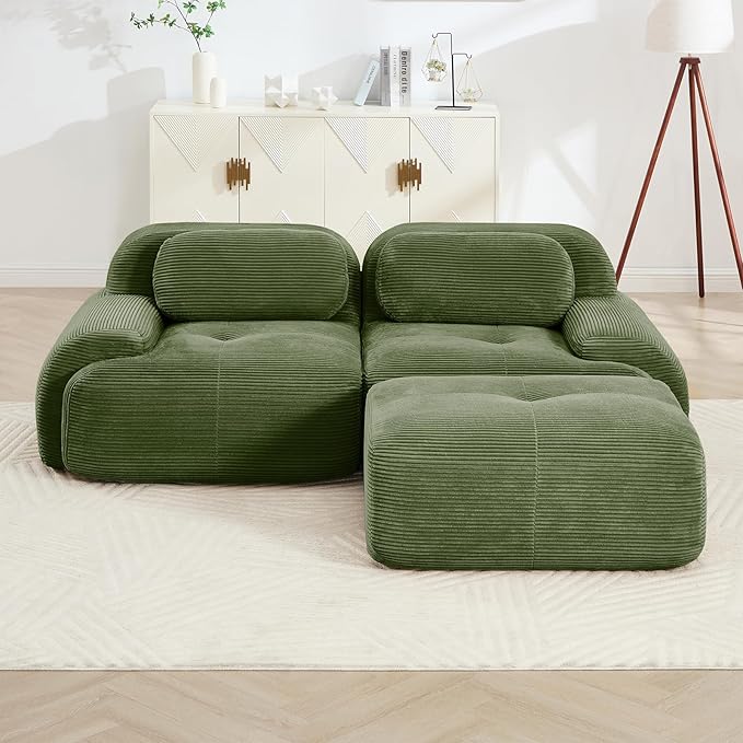 80 Modern Compressed Boneless Love Seat Couches with 1 Ottoman 2 Seater Large Sectional Couches for Living Room Green Corduroy Cloud Modular Sectional Sofa Memory Foam Deep Loveseat No Assembly