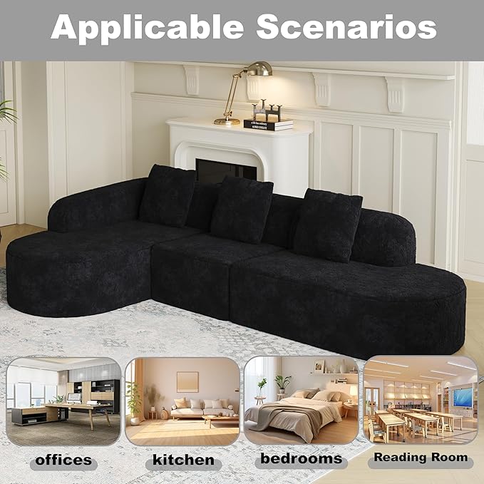 2 Piece 111.8“ Boneless L-Shaped Curved Modular 6-Seater Sofa Right Chaise Lounge Featuring Lychee-Textured Long-Pile Polyester Fabric Curved Backrest with Three Pillows