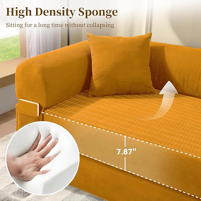 KBQ 3-Seat Convertible Sleeper Sofa Bed with 2 Pillows Corduroy Folding Mattress Couch Floor Sofa Lounge Couch for Living Room Bedroom Lounge Studio Yellow
