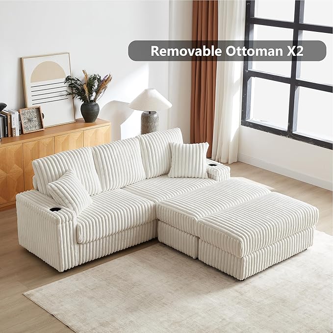 Aoowow 84 Corduroy Oversized 3-seater sofa with 2 Ottomans Modular Sectional Deep Seat Sofa with Back and Toss Pillows Modern Comfy Sofa with 2 Storage Spaces and Cup Grooves for Living Room Beige