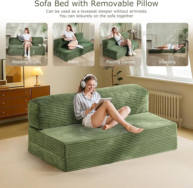 Folding Futon Sofa Bed Full Size 6 inch Convertible Floor Couch Bed with Removable Corduroy Cover Pull Out Couch for Small Spaces High-Density FoamGreen