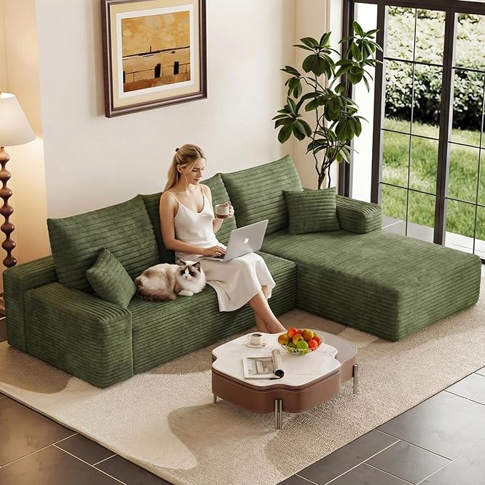 95 Modular Sectional Sofa Cloud Sectional Couch with Deep Seat Corduroy Boneless Couch with L-Shape Sofa for Living Room No Assembly Required(Green Right Facing Chaise)