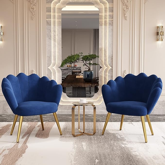 Blue Accent Chair for Living Room Blue Floral Novelty Suede Cherry Finish Tufted Cushions