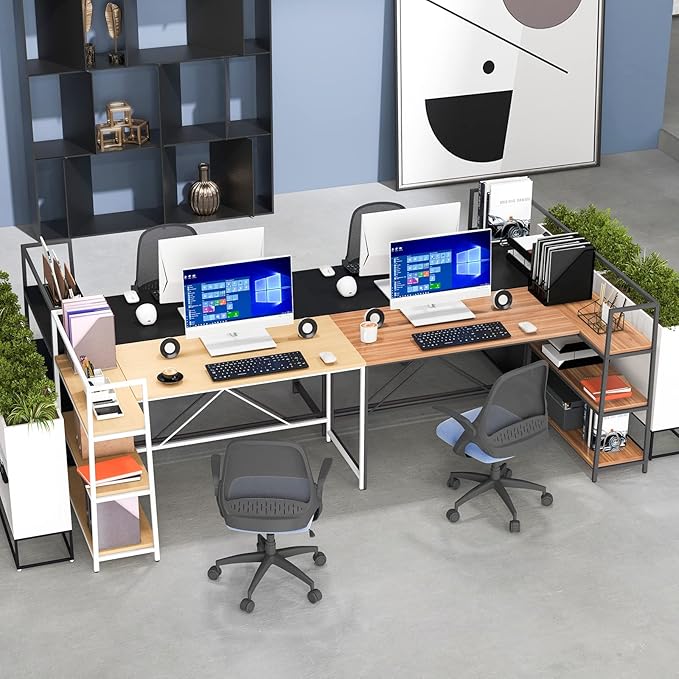 Tangkula Reversible L-Shaped Computer Desk Space Saving Corner Desk with 3-Tier Storage Shelves &amp Metal Frame Modern Executive Home Office Desk PC Laptop Desk Workstation for Small Space (Walnu