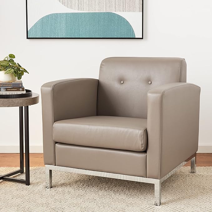 OSP Home Furnishings Wall Street Faux Leather Armchair with Box-Spring Cushion Button Tufted Back and Chrome Finish Base Smoke Grey