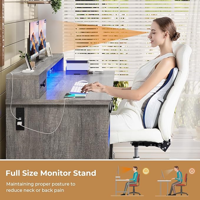 BTHFST Farmhouse Executive Desk with File Drawer Computer Desk with Charging Station &amp LED Lights Home Office Desk with Drawers &amp Storage Cabinet Executive Office Desk with Monitor Stand G