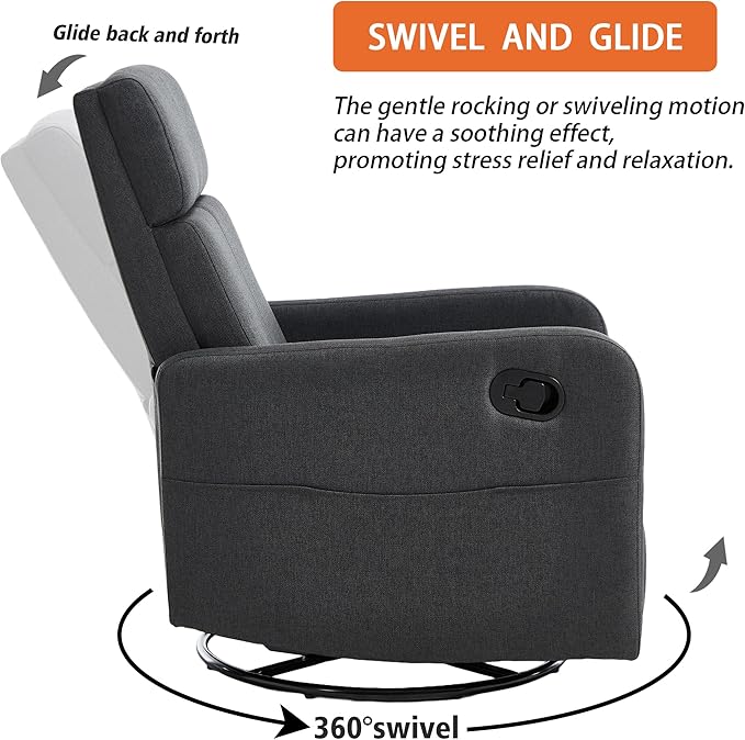 Swivel Rocking Recliner Chair for Adults Rocker Nursery Glider Chair for Living Room Bedroom Upholstered Fabric Reclining Single Sofa Chair(Grey)