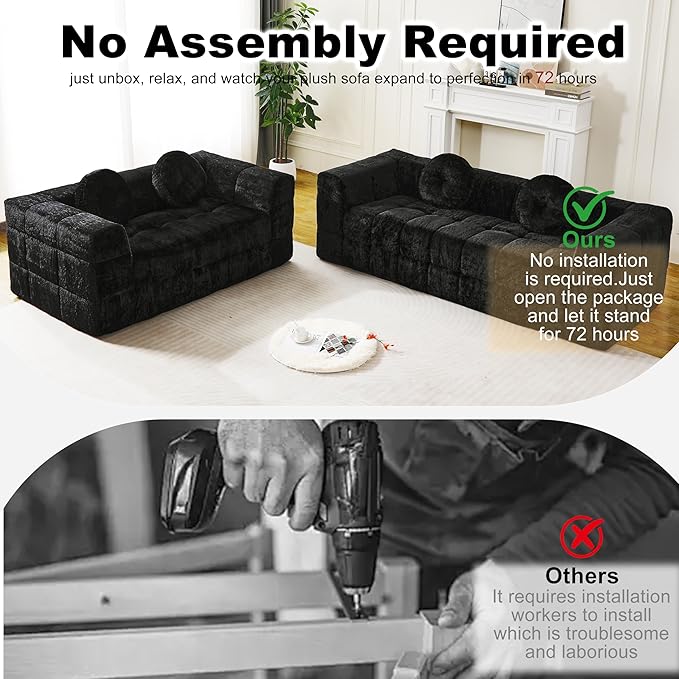 2 Piece Modern Boneless 86 3 Seater + 66 Loveseat Sofa with Two Throw Pillows Lychee-textured Long-pile Polyester Fabric Checkered Fabric Design Foam Couch (Black 3-Seater+Loveseat Sofa)