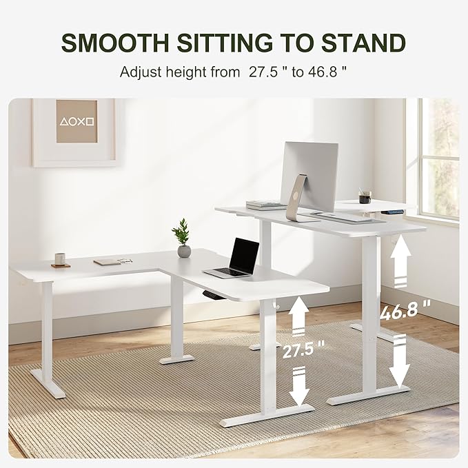 BANTI L-Shaped Standing Desk - 63 x 55 Inch Adjustable Corner Standing Desk with Charging Station - L Shape Sit Stand Table with Memory Controller Splice Board for Home Office White